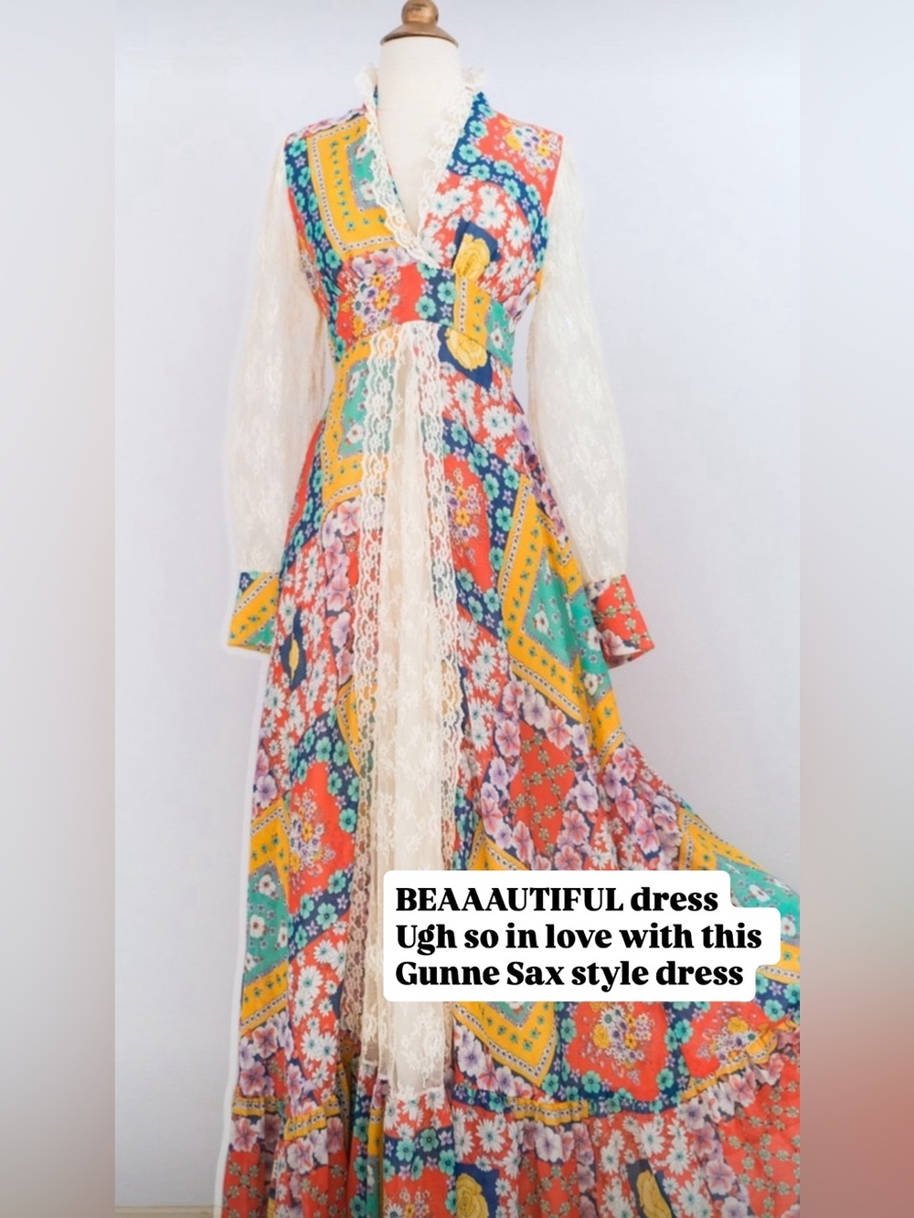 Vintage Gunne Sax Style Floral Patchwork Lace-Trim Maxi Dress!